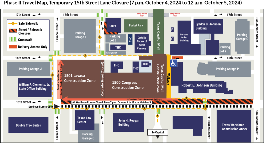Phase II Travel Map, Temporary 15th Street Lane Closure October 4-5, 2024