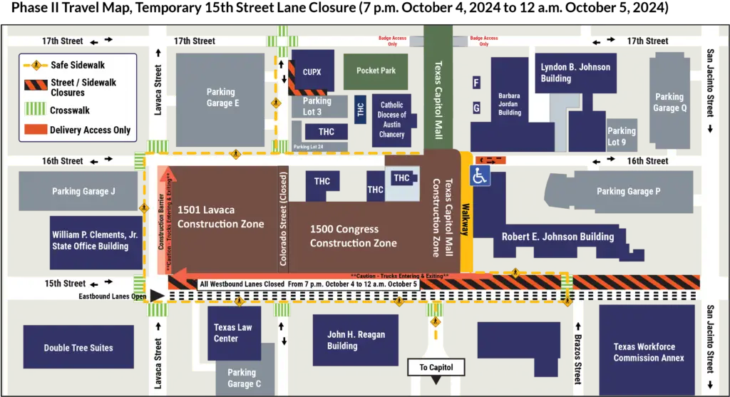 Phase II Travel Map, Temporary 15th Street Lane Closure October 4-5, 2024