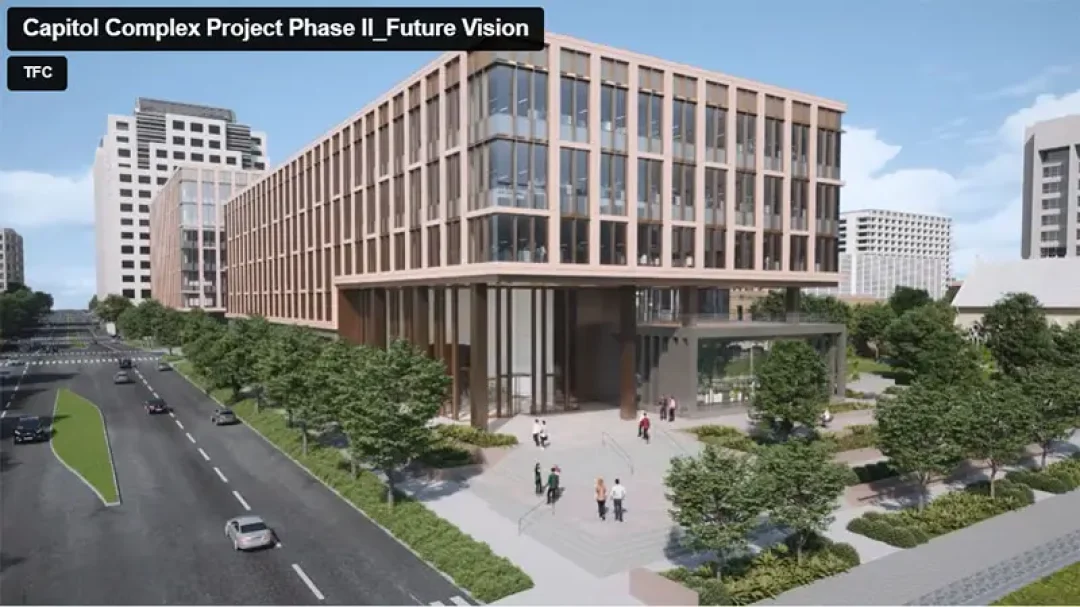 Concept: Visitors entering the 1500 Congress Office Building with 15th Street on the left.
